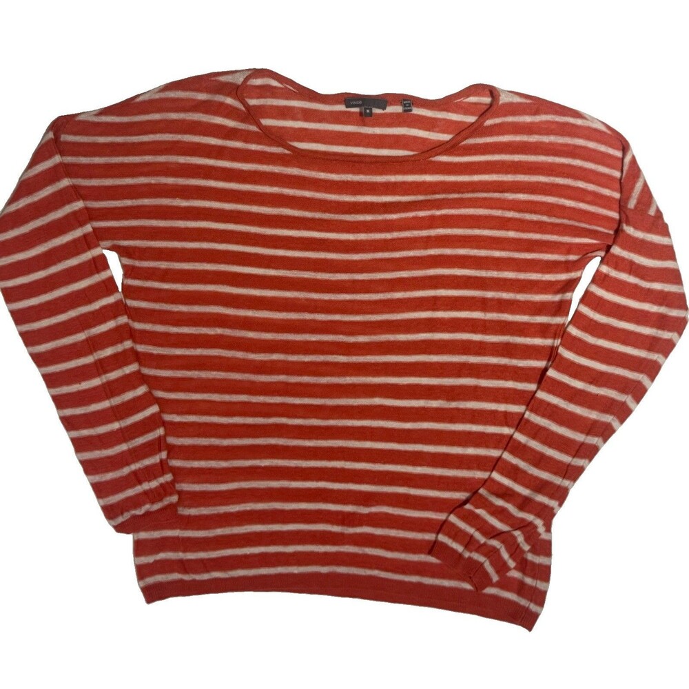Vince Womens Size Medium 100% Linen Knit Top Orange Stripes Long Sleeves